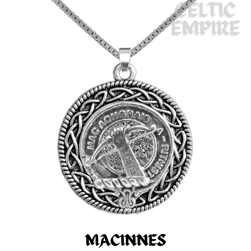 MacInnes Family Clan Crest Celtic Interlace Disk Pendant, Scottish Family Crest