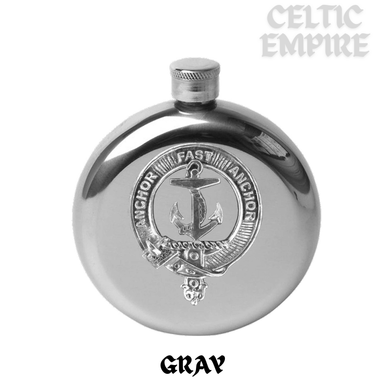 Gray 5 oz Round Family Clan Crest Scottish Badge Flask