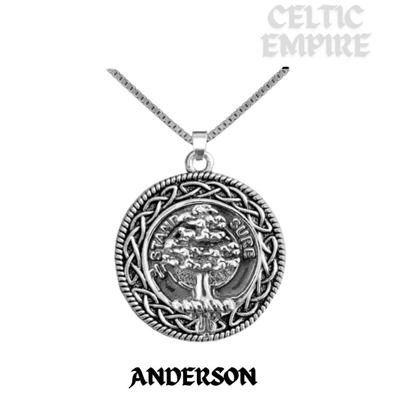 Anderson Family Clan Crest Celtic Interlace Disk Pendant, Scottish Family Crest