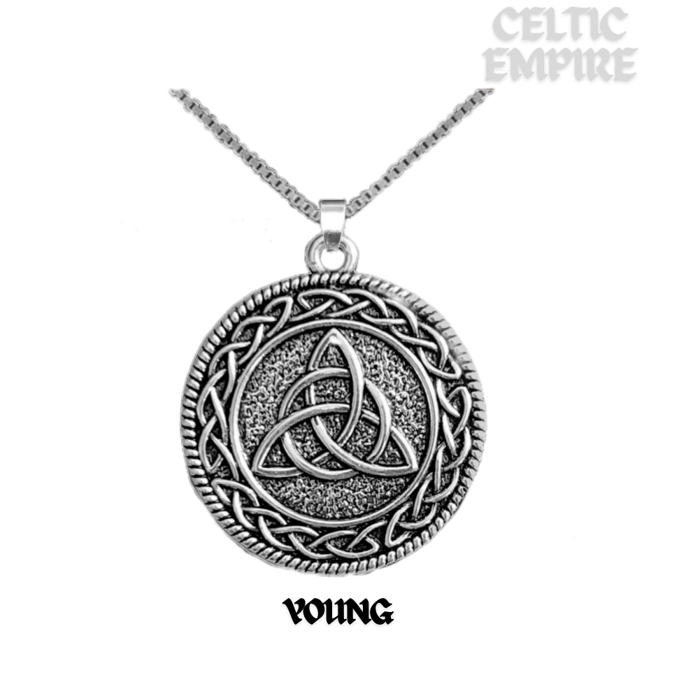 Young Family Clan Crest Celtic Interlace Disk Pendant, Scottish Family Crest
