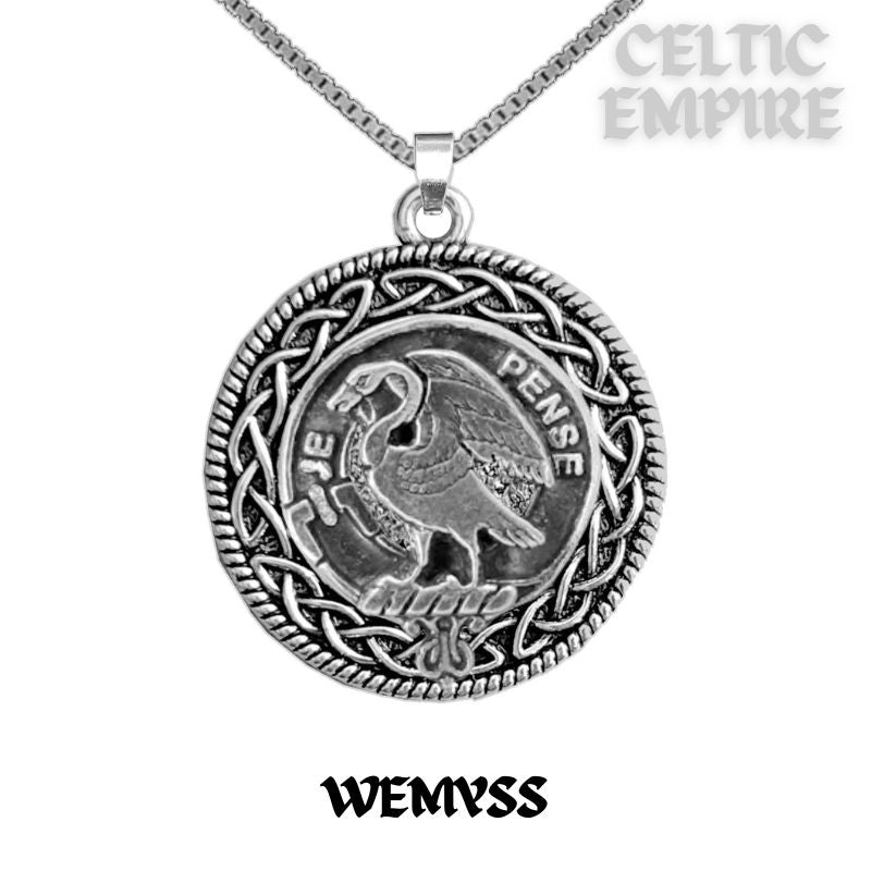 Wemyss Family Clan Crest Celtic Interlace Disk Pendant, Scottish Family Crest