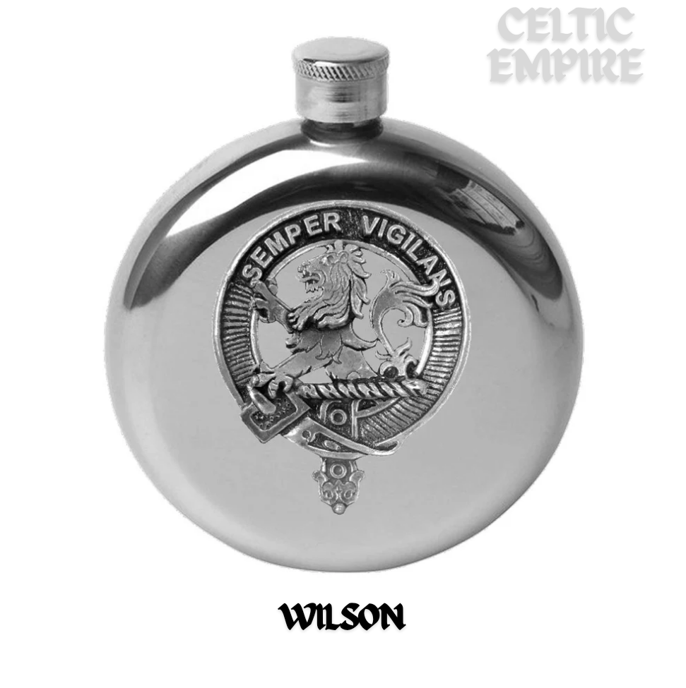 Wilson (Lion) 5oz Round Scottish Family Clan Crest Badge Stainless Steel Flask