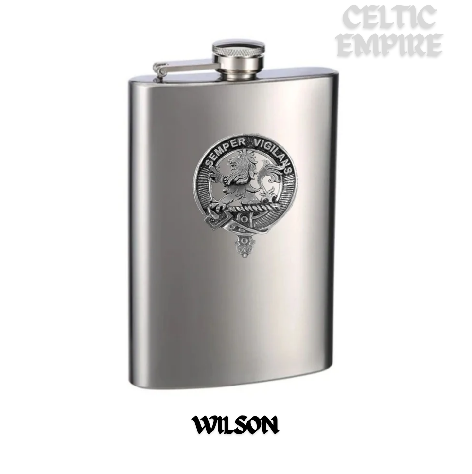 Wilson (Lion) 8oz Family Clan Crest Scottish Badge Stainless Steel Flask