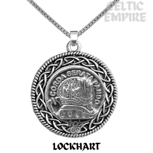 Lockhart Family Clan Crest Celtic Interlace Disk Pendant, Scottish Family Crest