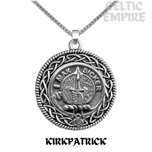 Kirkpatrick Family Clan Crest Celtic Interlace Disk Pendant, Scottish Family Crest