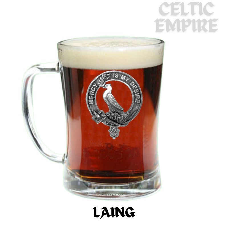 Laing (Dove) Family Clan Crest Badge Glass Beer Mug