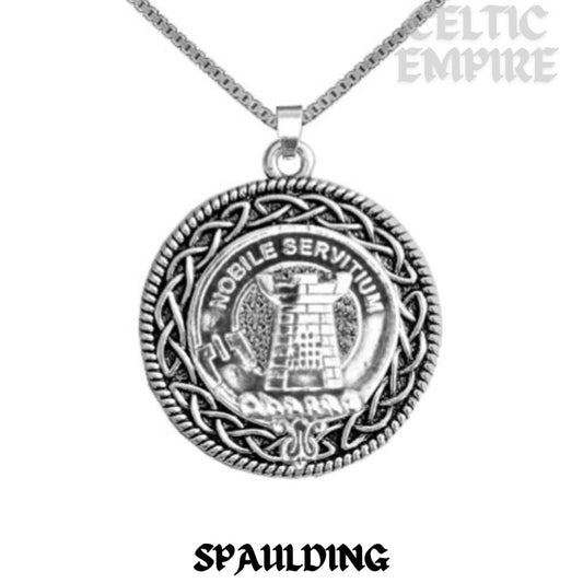 Spaulding Family Clan Crest Celtic Interlace Disk Pendant, Scottish Family Crest