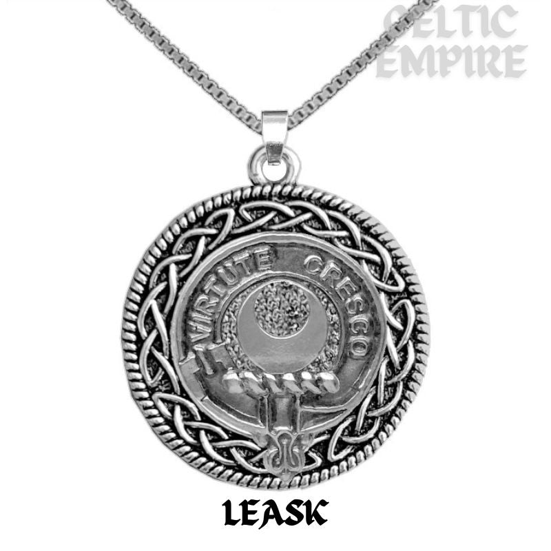 Leask Family Clan Crest Celtic Interlace Disk Pendant, Scottish Family Crest