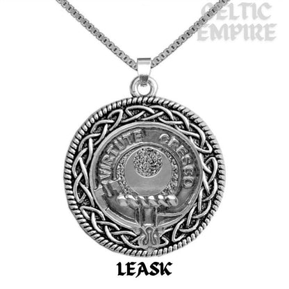 Leask Family Clan Crest Celtic Interlace Disk Pendant, Scottish Family Crest