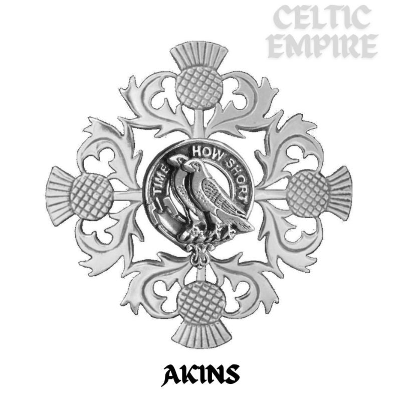 Akins Family Clan Crest Scottish Four Thistle Brooch