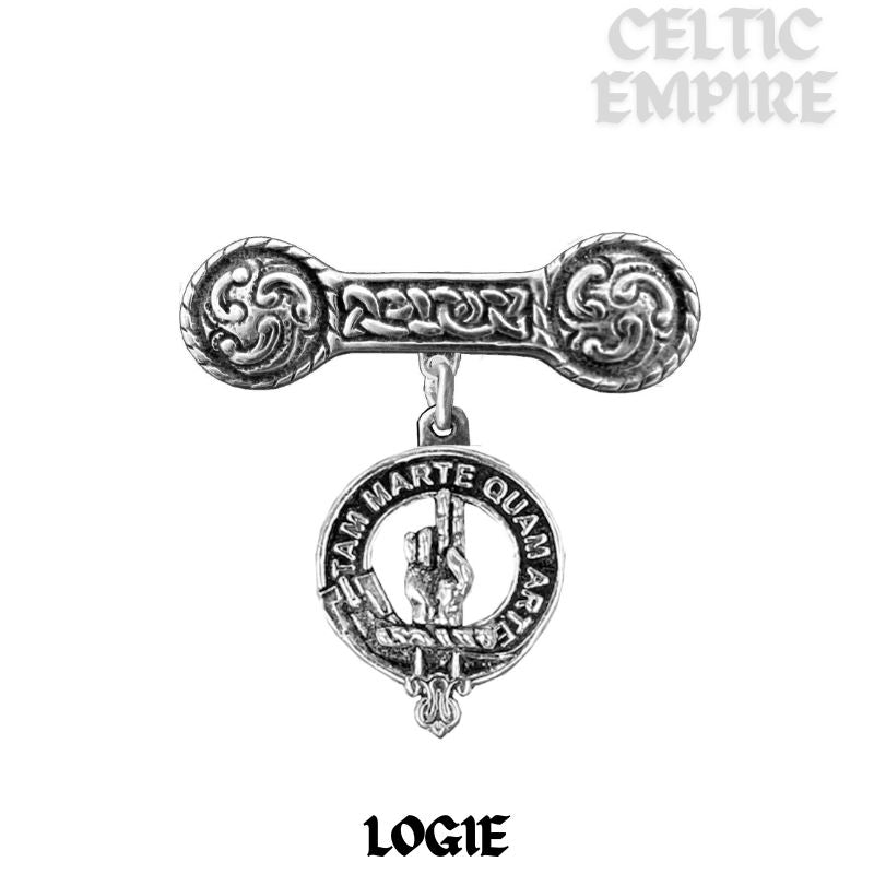 Logie Family Clan Crest Iona Bar Brooch - Sterling Silver