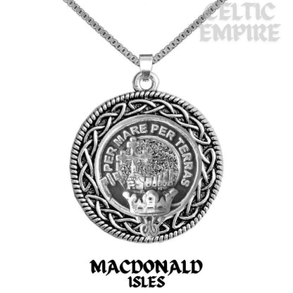 MacDonald Isles Family Clan Crest Celtic Interlace Disk Pendant, Scottish Family Crest