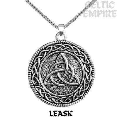 Leask Family Clan Crest Celtic Interlace Disk Pendant, Scottish Family Crest