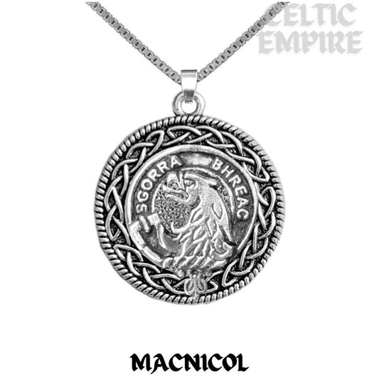 MacNicol Family Clan Crest Celtic Interlace Disk Pendant, Scottish Family Crest