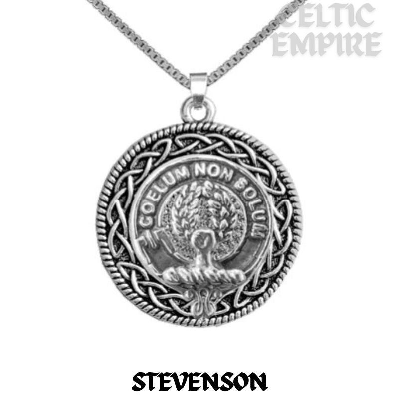 Stevenson Family Clan Crest Celtic Interlace Disk Pendant, Scottish Family Crest