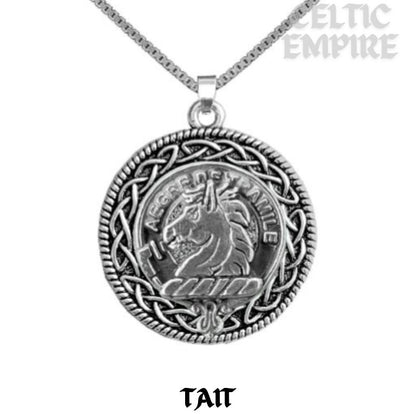 Tait Family Clan Crest Celtic Interlace Disk Pendant, Scottish Family Crest