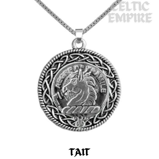 Tait Family Clan Crest Celtic Interlace Disk Pendant, Scottish Family Crest