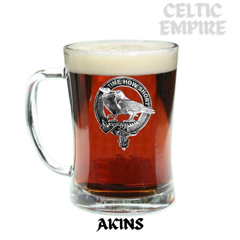 Akins Family Clan Crest Badge Glass Beer Mug