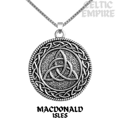 MacDonald Isles Family Clan Crest Celtic Interlace Disk Pendant, Scottish Family Crest
