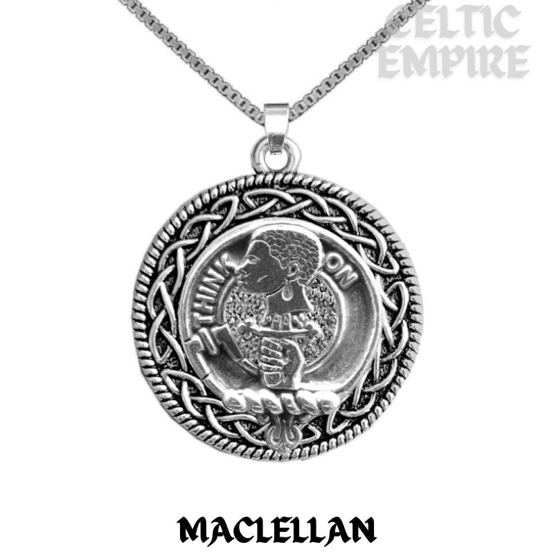 MacLellan Family Clan Crest Celtic Interlace Disk Pendant, Scottish Family Crest