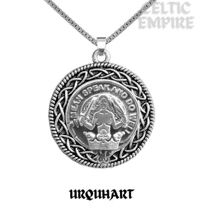 Urquhart Family Clan Crest Celtic Interlace Disk Pendant, Scottish Family Crest