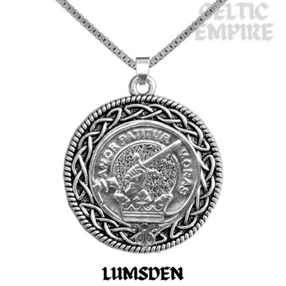 Lumsden Family Clan Crest Celtic Interlace Disk Pendant, Scottish Family Crest