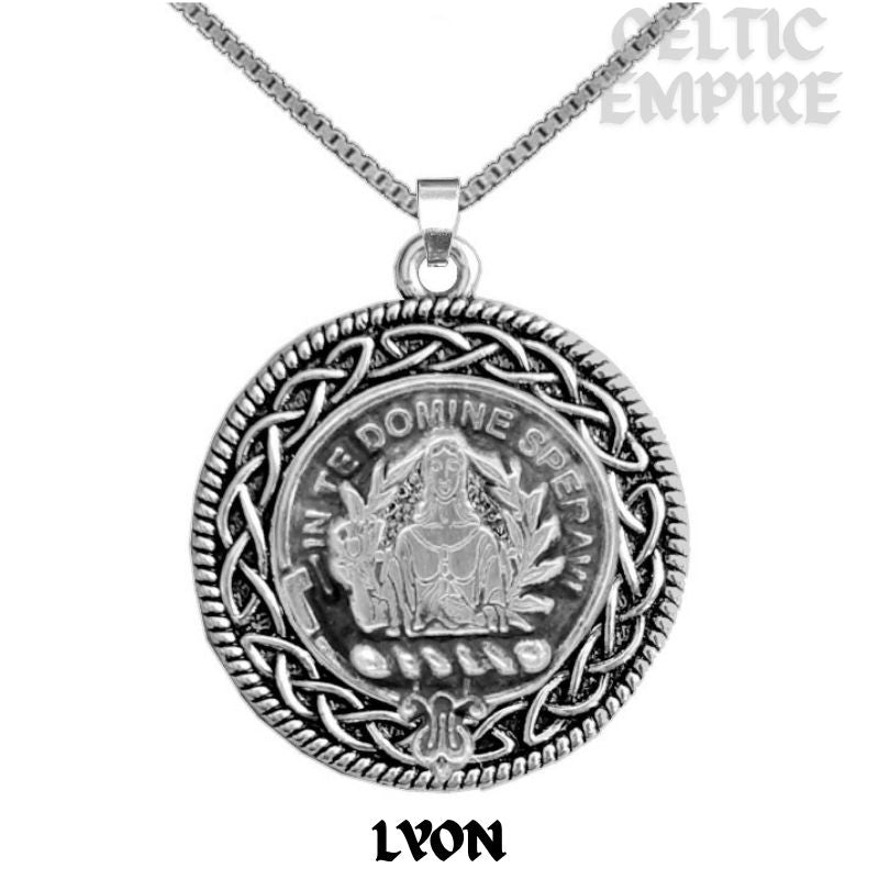 Lyon Family Clan Crest Celtic Interlace Disk Pendant, Scottish Family Crest