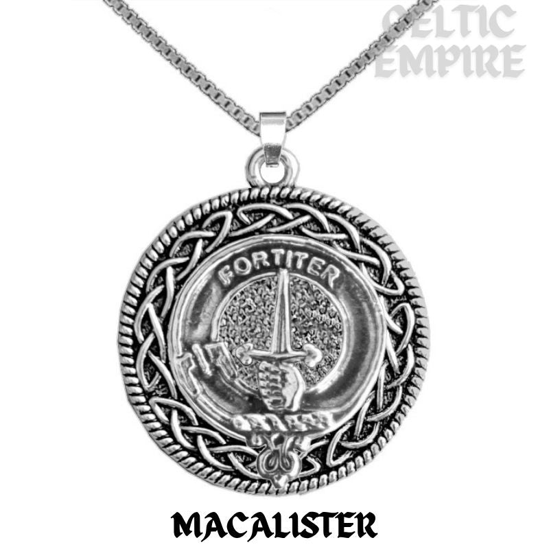 MacAlister Family Clan Crest Celtic Interlace Disk Pendant, Scottish Family Crest