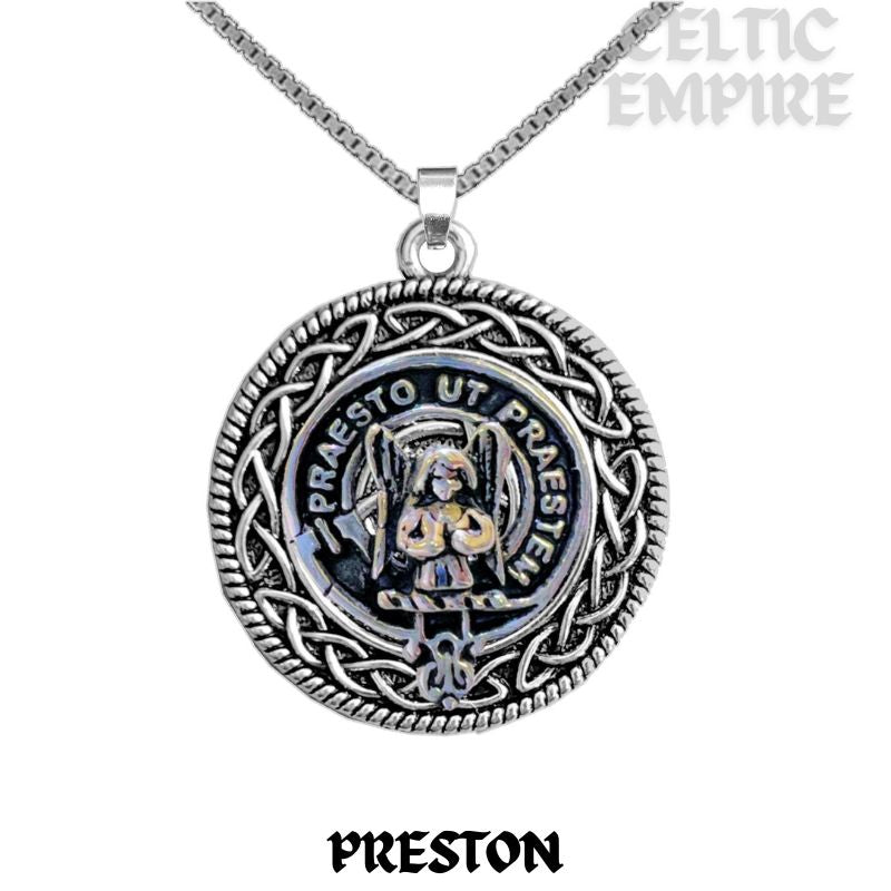 Preston Family Clan Crest Celtic Interlace Disk Pendant, Scottish Family Crest