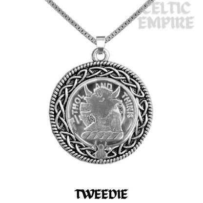 Tweedie Family Clan Crest Celtic Interlace Disk Pendant, Scottish Family Crest
