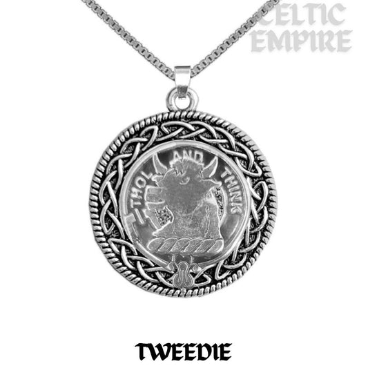Tweedie Family Clan Crest Celtic Interlace Disk Pendant, Scottish Family Crest