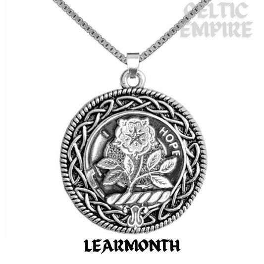 Learmonth Family Clan Crest Celtic Interlace Disk Pendant, Scottish Family Crest