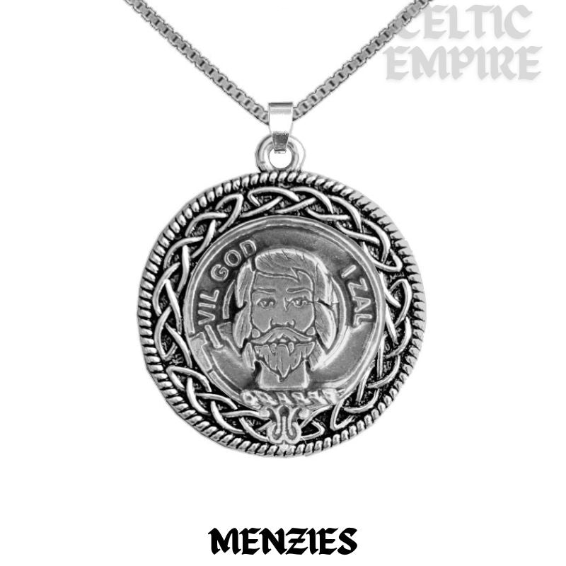 Menzies Family Clan Crest Celtic Interlace Disk Pendant, Scottish Family Crest
