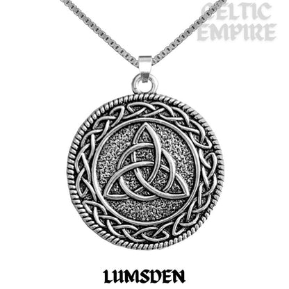 Lumsden Family Clan Crest Celtic Interlace Disk Pendant, Scottish Family Crest