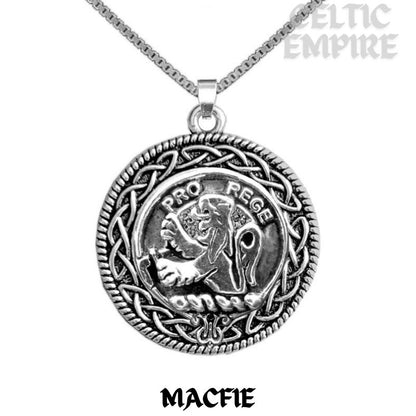 MacFie Family Clan Crest Celtic Interlace Disk Pendant, Scottish Family Crest