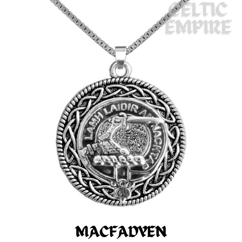 MacFadden Family Clan Crest Celtic Interlace Disk Pendant, Scottish Family Crest