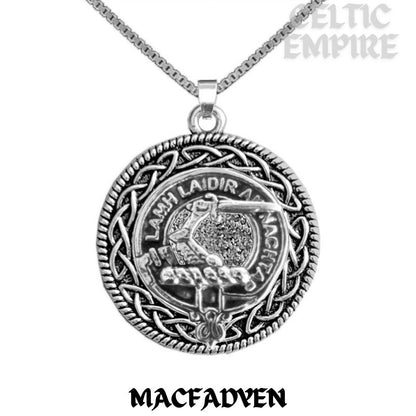 MacFadden Family Clan Crest Celtic Interlace Disk Pendant, Scottish Family Crest