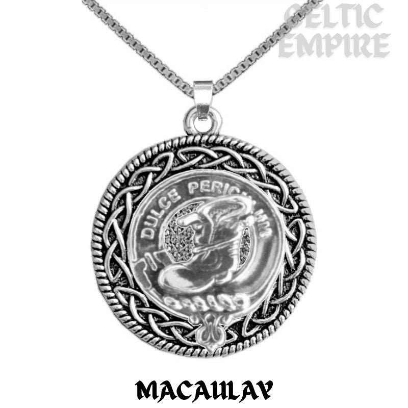 MacAulay Family Clan Crest Celtic Interlace Disk Pendant, Scottish Family Crest