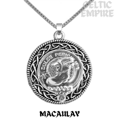 MacAulay Family Clan Crest Celtic Interlace Disk Pendant, Scottish Family Crest