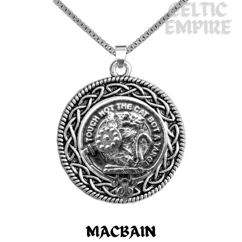 MacBain Family Clan Crest Celtic Interlace Disk Pendant, Scottish Family Crest