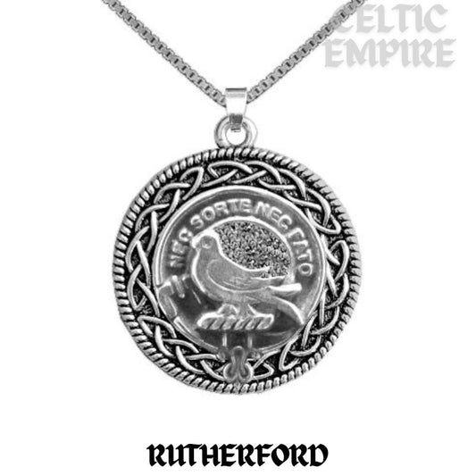 Rutherford Family Clan Crest Celtic Interlace Disk Pendant, Scottish Family Crest