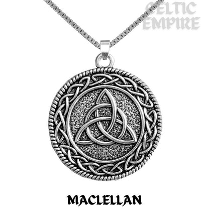 MacLellan Family Clan Crest Celtic Interlace Disk Pendant, Scottish Family Crest