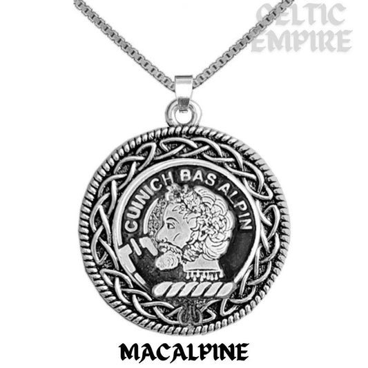 MacAlpin Family Clan Crest Celtic Interlace Disk Pendant, Scottish Family Crest