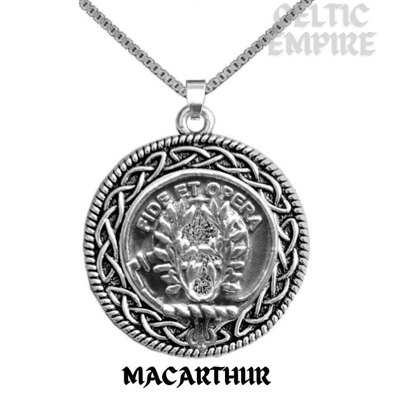 MacArthur Family Clan Crest Celtic Interlace Disk Pendant, Scottish Family Crest