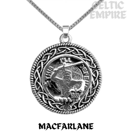 MacFarlane Family Clan Crest Celtic Interlace Disk Pendant, Scottish Family Crest