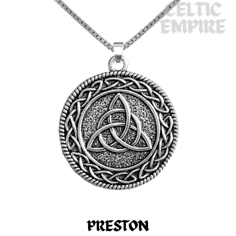 Preston Family Clan Crest Celtic Interlace Disk Pendant, Scottish Family Crest