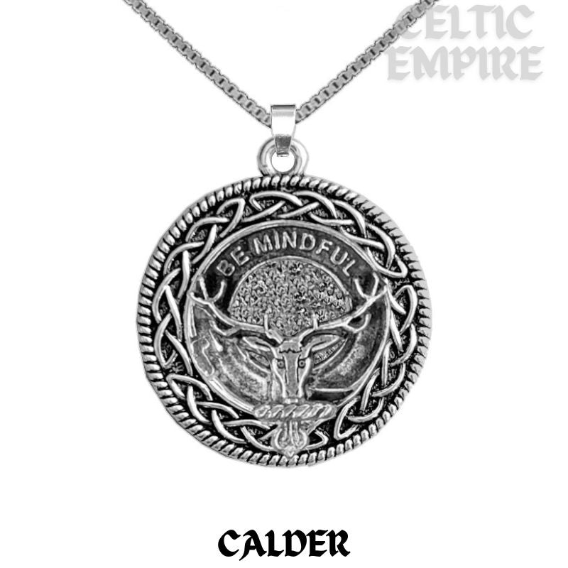 Calder Family Clan Crest Celtic Interlace Disk Pendant, Scottish Family Crest