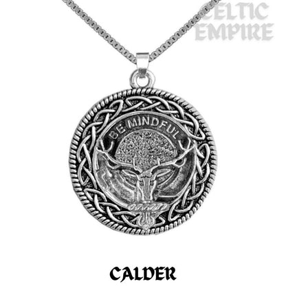 Calder Family Clan Crest Celtic Interlace Disk Pendant, Scottish Family Crest