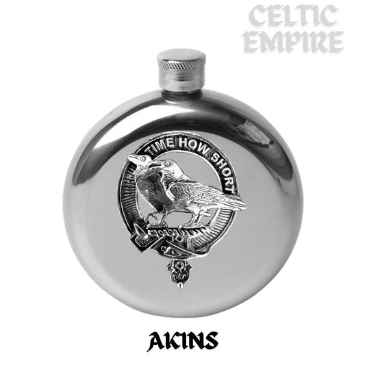 Akins Round Family Clan Crest Scottish Badge Flask 5oz