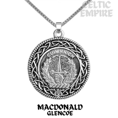 MacDonald Glencoe Family Clan Crest Celtic Interlace Disk Pendant, Scottish Family Crest